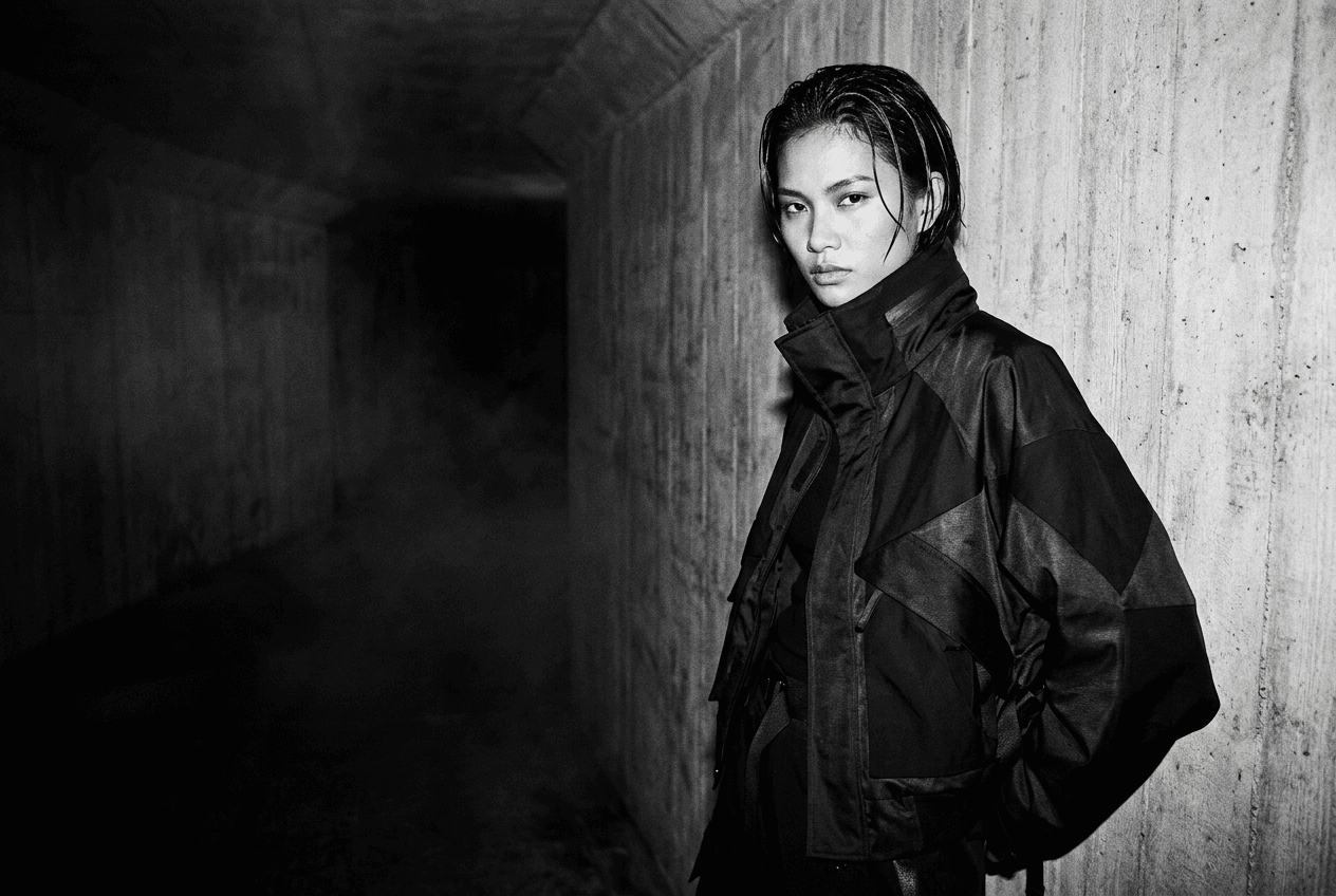 东南亚女性模特身着黑色先锋廓形服装,站在粗粝的混凝土空间中
